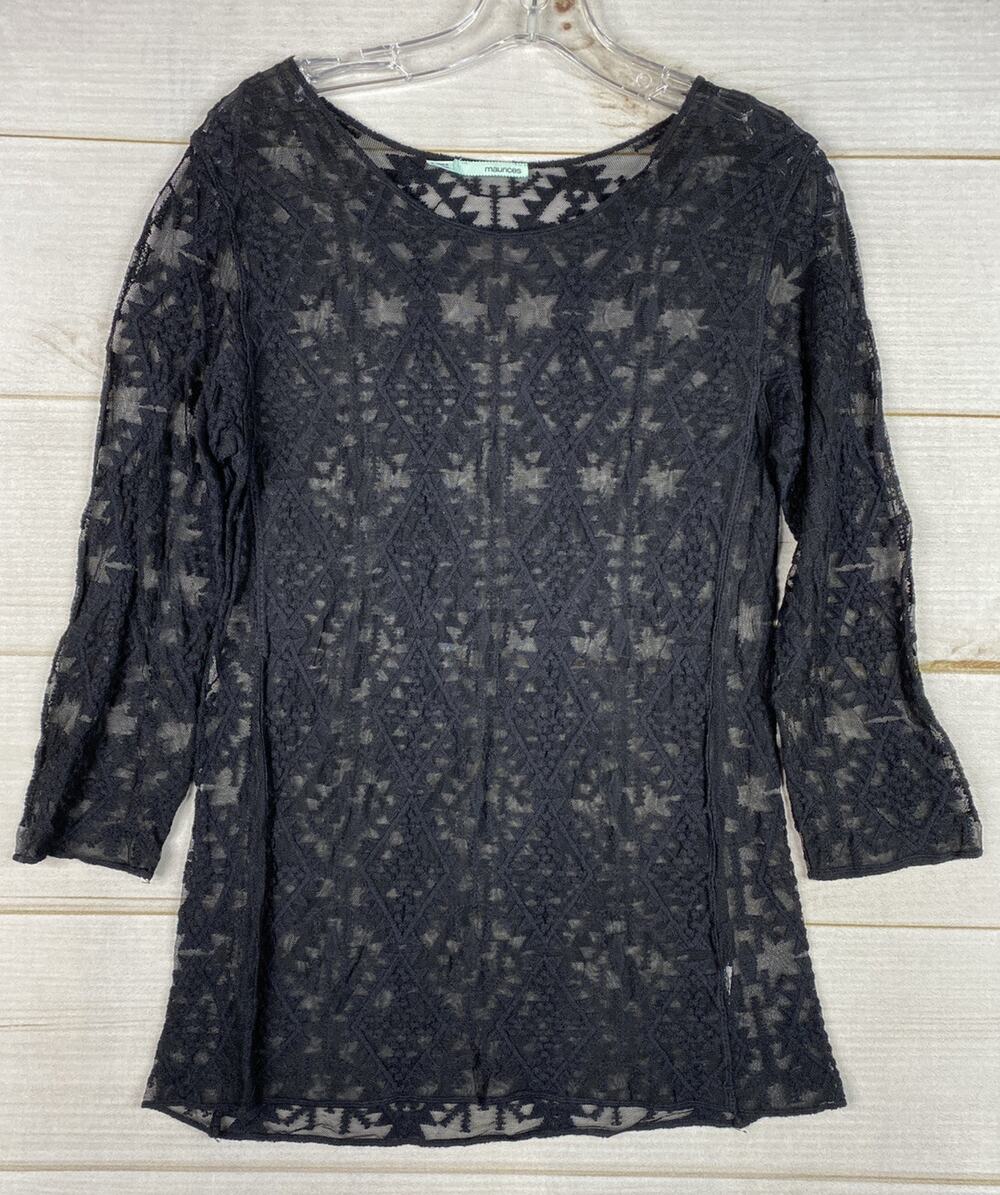 Maurices Top Womens S Black Sheer Lace 3/4 Sleeve Embroidered Pullover Stretch